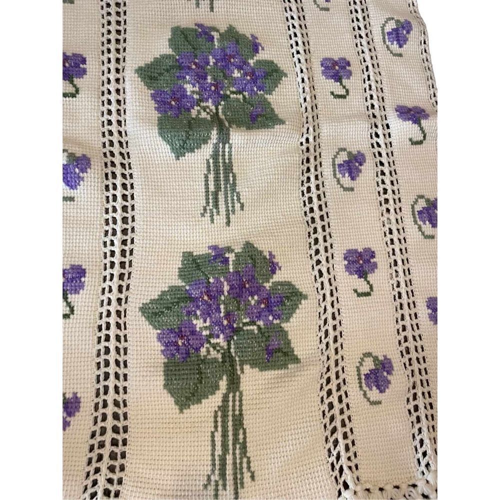 Vintage Crocheted Violet floral Blanket with fringe